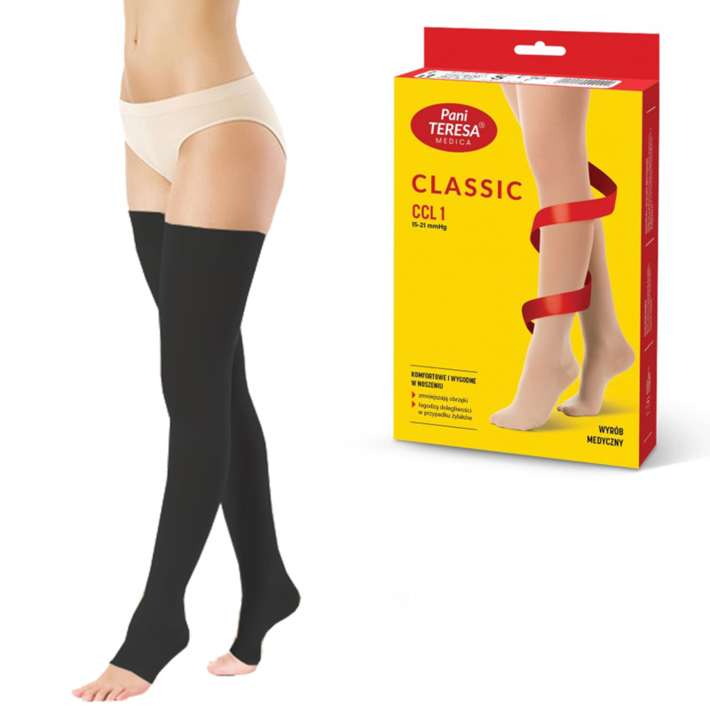 Pończochy Przeciwżylakowe Pani Teresa 1 klasa kompresji Otwarte Długie PT 0406 Czarne - Pończochy medyczne uciskowe