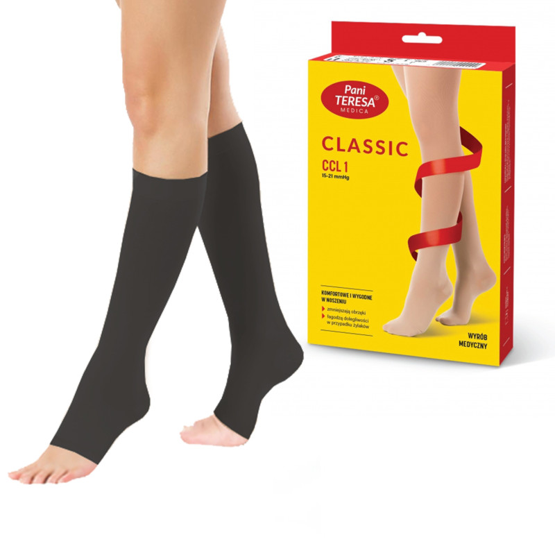 Podkolanówki Przeciwżylakowe Pani Teresa 1 klasa kompresji Otwarte Długie PT 0408 Czarne - Podkolanówki medyczne uciskowe