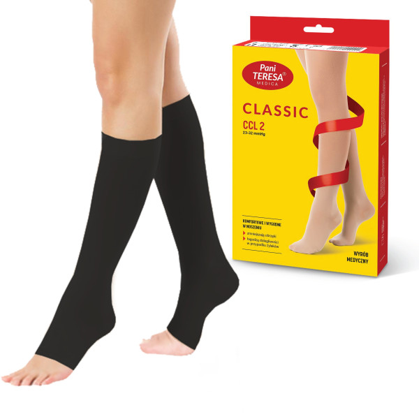 Podkolanówki Przeciwżylakowe Pani Teresa 2 klasa kompresji Otwarte Długie PT 0405 Czarne - Podkolanówki medyczne uciskowe