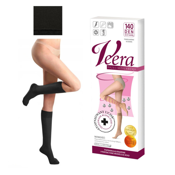 Podkolanówki Przeciwżylakowe Veera 140 den Czarne Zamknięte palce